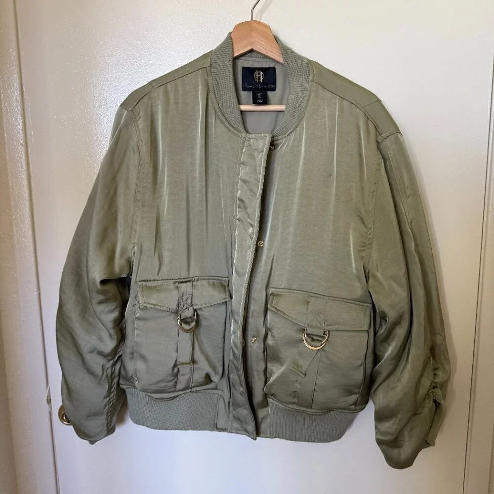 House of Harlow Olive Green Satin Bomber Jacket L​​